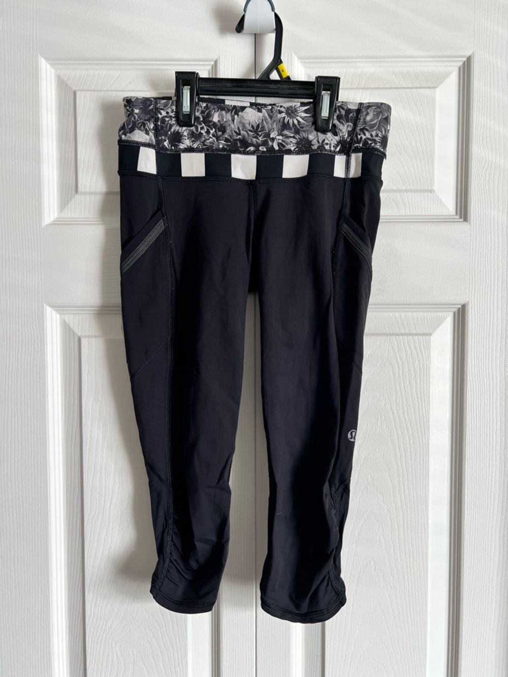 lululemon athletica Black Capri Leggings with Floral Waistband